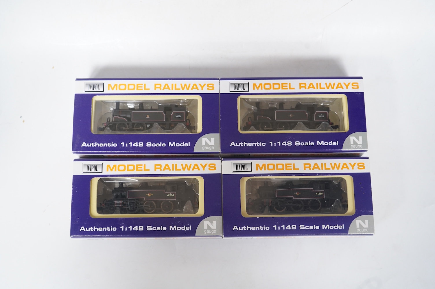Four boxed Dapol N gauge railway BR locomotives; two Class M7, 30031 (ND-025) and 30128 (ND-045), together with two Ivatt 2-6-2T, 41234 (ND-061A) and 41258 (ND-061B). Condition - good.